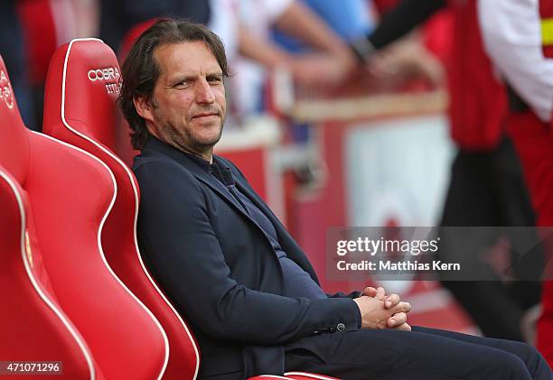 Manager Michael Zeyer of Stuttgart looks on prior to the third league match between FC Energie Cottbus and SV Stuttgarter Kickers at Stadion der...