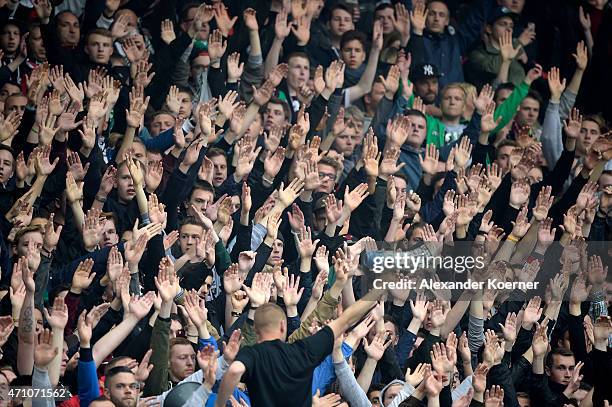 Suppporters of Hannover 96 including Hooligans and Ultras of the club are seen during the first half of the Bundesliga match between Hannover 96 and...