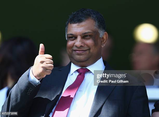 Chairman Tony Fernandes gives the thumbs up during the Barclays Premier League match between Queens Park Rangers and West Ham United at Loftus Road...