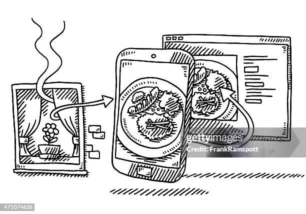 posting a food selfie on website drawing - calling from window stock illustrations