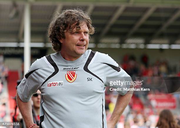Head coach Stefan Kraemer of Cottbus looks on prior to the third league match between FC Energie Cottbus and SV Stuttgarter Kickers at Stadion der...