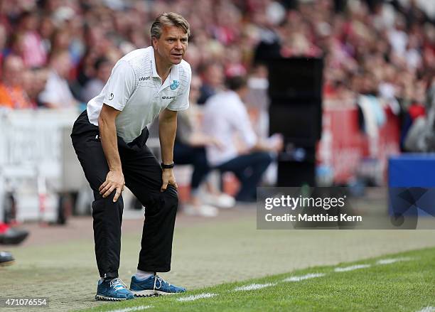 Head coach Horst Steffen of Stuttgart looks on during the third league match between FC Energie Cottbus and SV Stuttgarter Kickers at Stadion der...