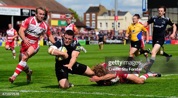 Falcons forward Mark Wilson crosses for the first Newcastle try during the Aviva Premiership match between Gloucester Rugby and Newcastle Falcons at...