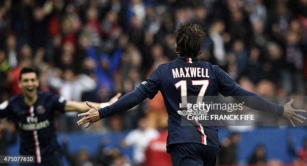 Paris Saint-Germain's Brazilian defender Maxwell celebrates after scoring a goal during the French L1 football match between Paris Saint-Germain and...