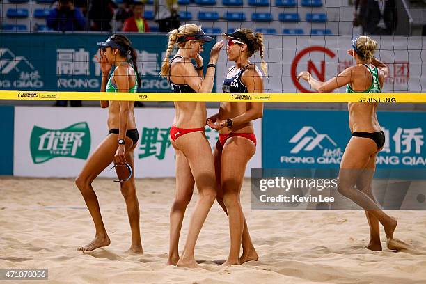 Taliqua Clancy , Louise Bawden of Australia and Kerri Walsh , and April Ross react after the game at the Fuzhou Open 2015 on April 25, 2015 in...