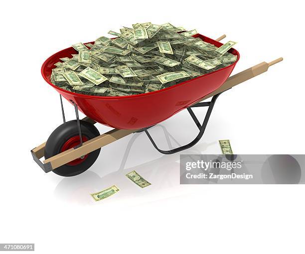 red wheelbarrow with such a large amount of cash it spills - wheelbarrow stock pictures, royalty-free photos & images