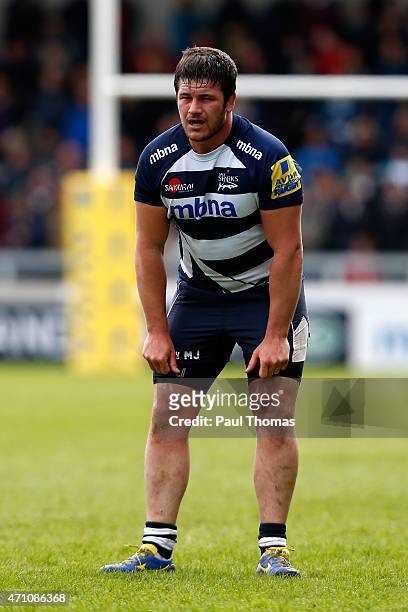 Marc Jones of Sale watches on during the Aviva Premiership match between Sale Sharks and Harlequins at the AJ Bell Stadium on April 25, 2015 in...