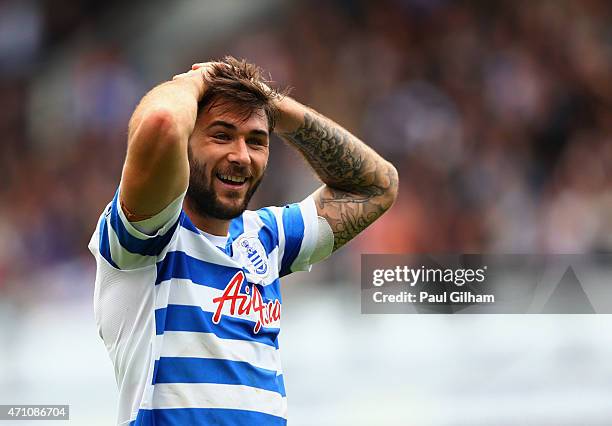 Charlie Austin of QPR reacts during the Barclays Premier League match between Queens Park Rangers and West Ham United at Loftus Road on April 25,...