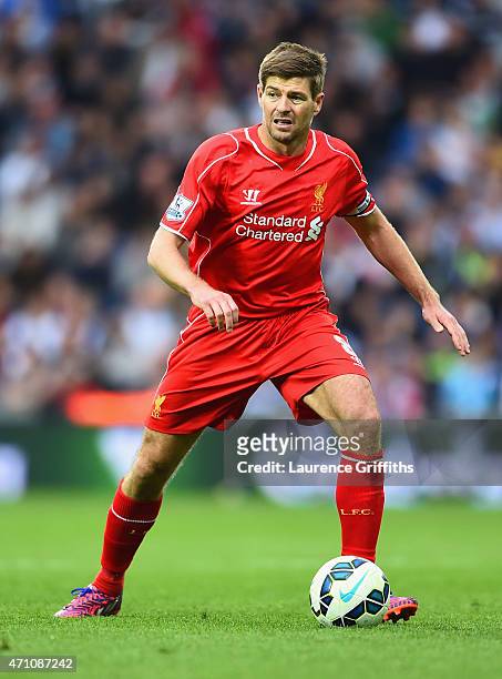 Steven Gerrard of Liverpool on the ball during the Barclays Premier League match between West Bromwich Albion and Liverpool at The Hawthorns on April...