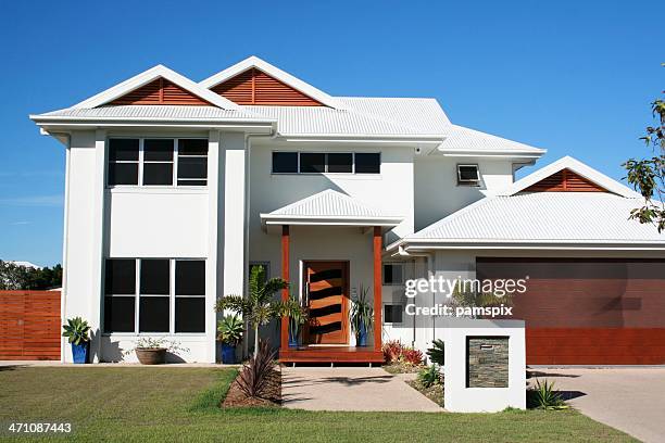 a white modern family home with a simple garden - brick house stock pictures, royalty-free photos & images