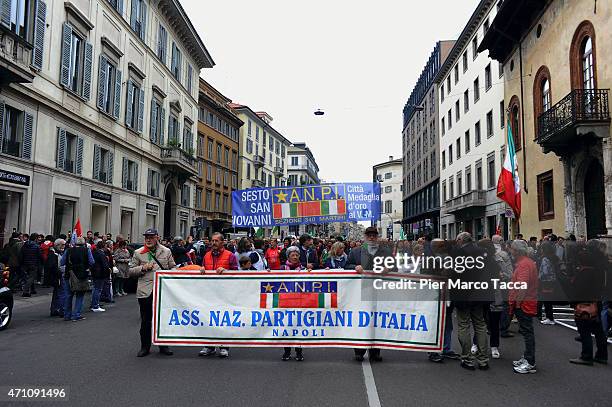 People attend a march during the 70th Liberation day anniversary on April 25, 2015 in Milan, Italy. The symbolic celebration day commemorates the...