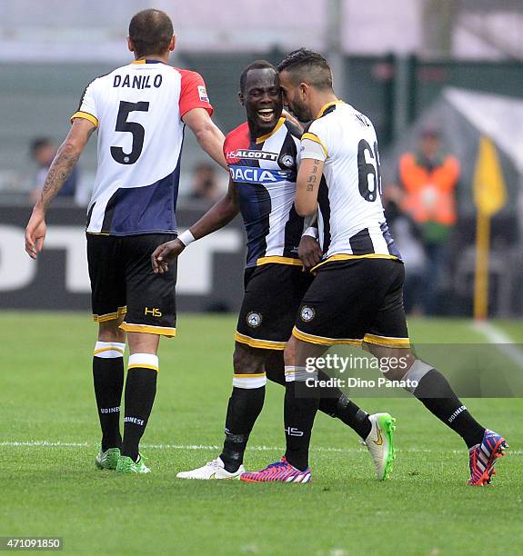 Emmanuel Agyemang Badu of Udinese Calcio celebrates with his teams mate Giampiero Pinzi after scoring his teams second goal during the Serie A match...