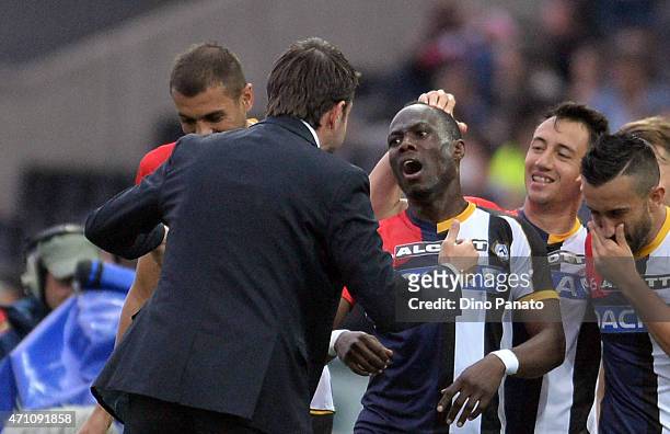 Emmanuel Agyemang Badu of Udinese Calcio celebrates with Head coach of Udinese Andrea Stramaccionii after scoring his teams second goal during the...