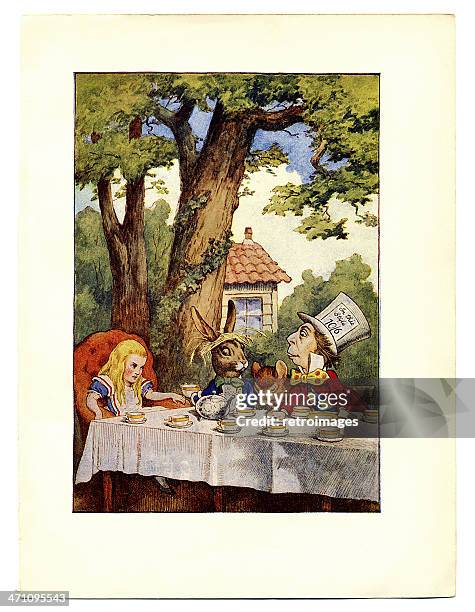 stockillustraties, clipart, cartoons en iconen met tea party illustration, (alice's adventures in wonderland) - alice in wonderland