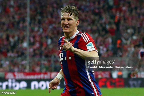 Bastian Schweinsteiger of Muenchen celebrates scoring the opening goal during the Bundesliga match between FC Bayern Muenchen and Hertha BSC Berlin...