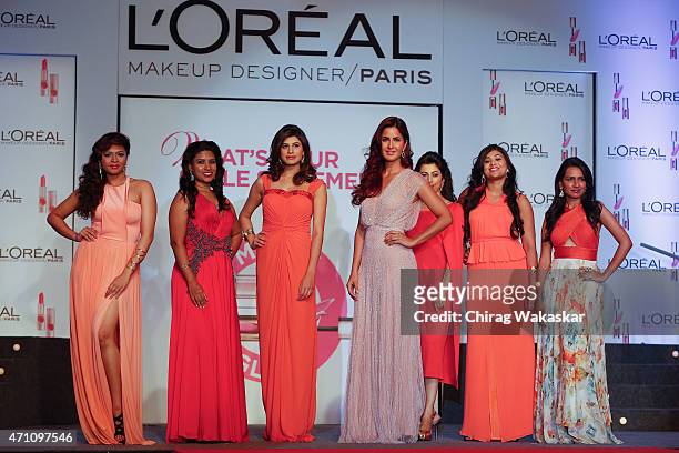 Katrina Kaif poses during the L'Oreal Paris 'Matte or Gloss' Cannes Collection Launch held at Lalit Hotel on April 25, 2015 in Mumbai, India.