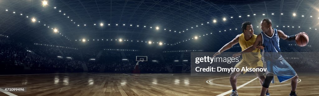 Panoramic basketball game moment