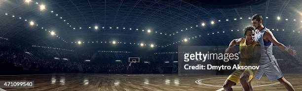 panoramic basketball game moment - basketball floor stockfoto's en -beelden