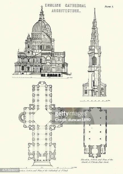english cathedral architecture - cathedral of st paul - spire stock illustrations