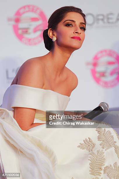 Sonam Kapoor poses at the L'Oreal Paris 'Matte or Gloss' Cannes Collection Launch held at Lalit Hotel on April 25, 2015 in Mumbai, India.