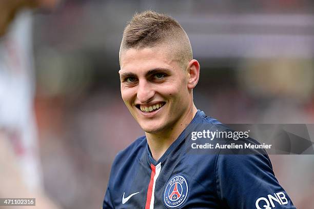 Marco Verratti reacts during the Ligue 1 game between Paris Saint Germain and Llosc Lille at Parc des Princes on April 25, 2015 in Paris, France.