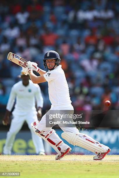 Gary Ballance of England plays behind point during day five of the 2nd Test match between West Indies and England at the National Cricket Stadium in...