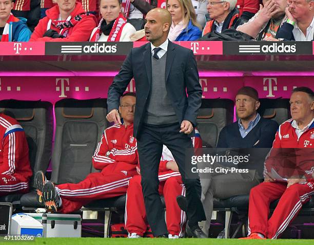 Coach Josep Guardiola of FC Bayern Muenchen gestures during the game FC Bayern Muenchen against Hertha BSC on april 25, 2015 in Muenchen, Germany.