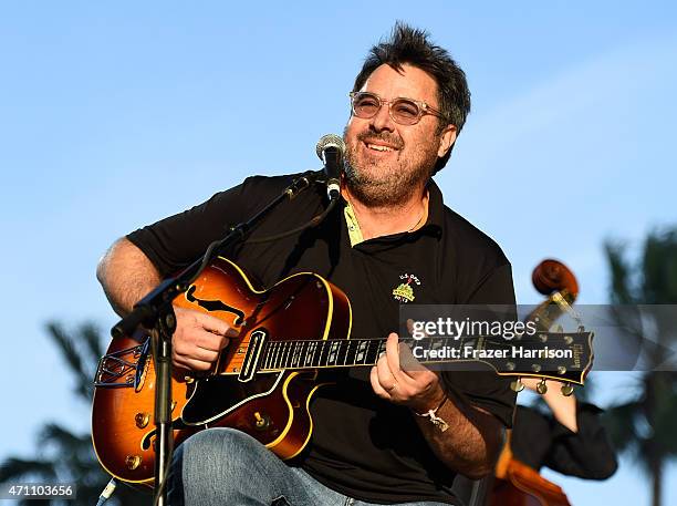 Musician Vince Gill performs onstage with The Time Jumpers during day one of 2015 Stagecoach, California's Country Music Festival, at The Empire Polo...