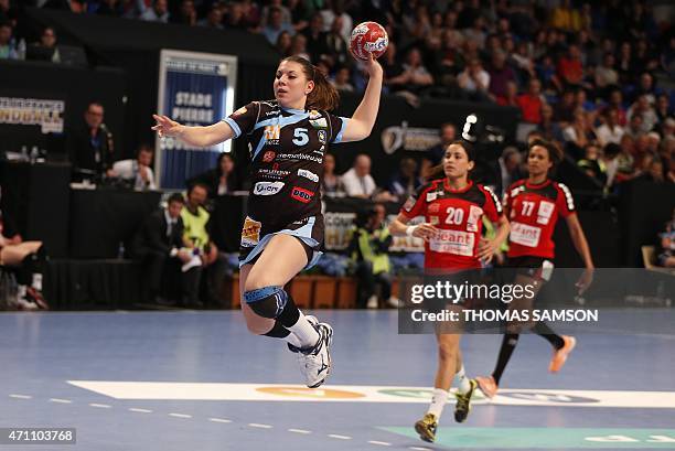 Metz Handball player Laura Flippes jumps to score during the Women Handball French Cup final between Nimes HBC and Metz Handball in Paris, on April...
