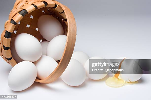 broken egg from a spilled basket - eggs in basket stock pictures, royalty-free photos & images