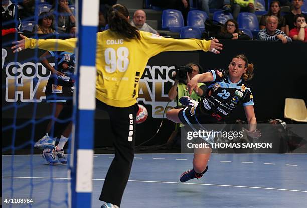 Metz Handball player Sonja Basic scores a goal during the Women Handball French Cup final between Nimes HBC and Metz Handball in Paris, on April 25,...