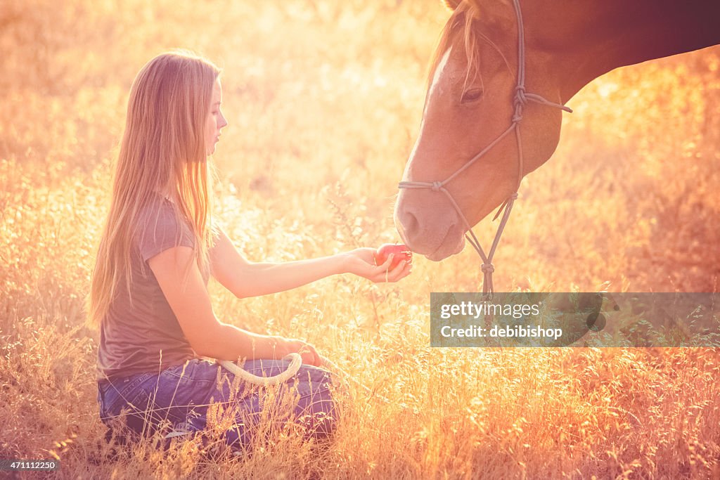 Teen fille s'alimentant apple à cheval dans la ville ensoleillée de vert pâturage