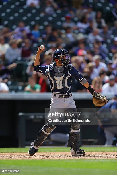 Wil Nieves of the San Diego Padres in action against the Colorado Rockies at Coors Field on April 23, 2015 in Denver, Colorado. The Rockies defeated...