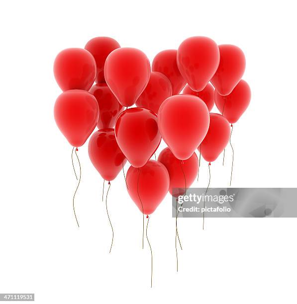 red balloons forming the shape of heart on white background - heart shape 3d stock pictures, royalty-free photos & images