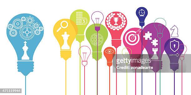 illustrated, colorful bulbs with finance and business icons - glass trophy stock illustrations