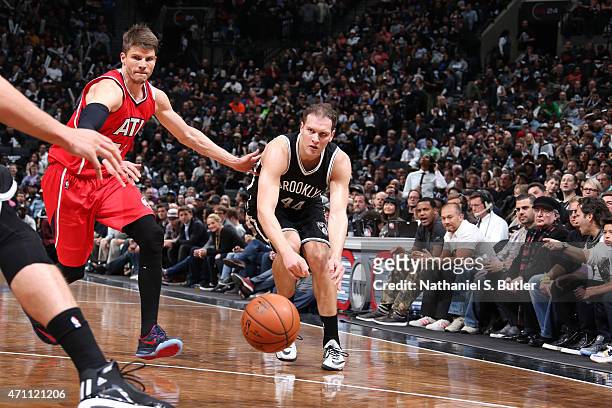 Bojan Bogdanovic of the Brooklyn Nets passes the ball against the Atlanta Hawks in Game Three of the Eastern Conference Quarterfinals during the 2015...