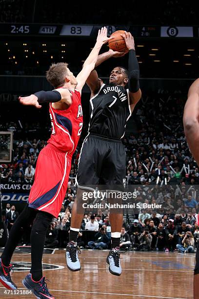 Joe Johnson of the Brooklyn Nets shoots against the Atlanta Hawks in Game Three of the Eastern Conference Quarterfinals during the 2015 NBA Playoffs...