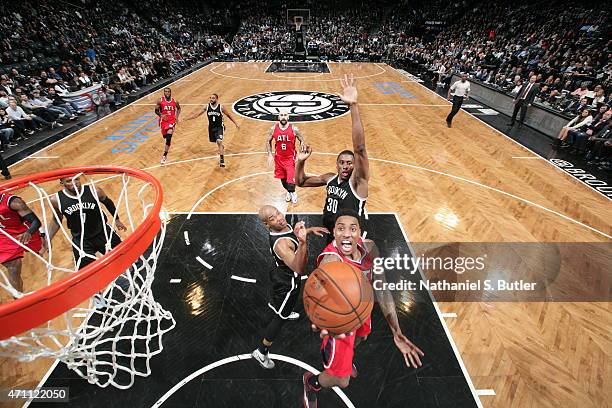 Jeff Teague of the Atlanta Hawks shoots against the Brooklyn Nets in Game Three of the Eastern Conference Quarterfinals during the 2015 NBA Playoffs...