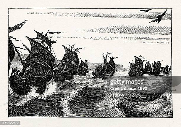 stockillustraties, clipart, cartoons en iconen met the armada - 16th century style