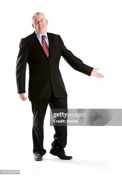 positive presentation - fat man in suit stock pictures, royalty-free photos & images