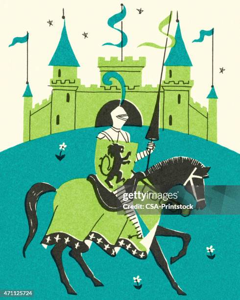 mittelalterliche burg und knight - ritterturnier stock-grafiken, -clipart, -cartoons und -symbole