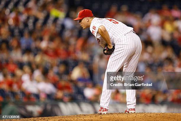 Jonathan Papelbon of the Philadelphia Phillies prepares to throw a pitch during the game against the Houston Astros at Citizens Bank Park on August...