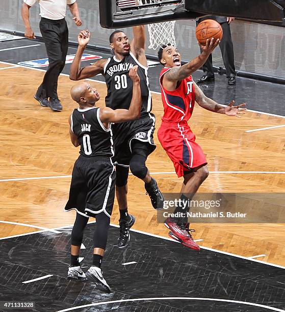 Jeff Teague of the Atlanta Hawks shoots against the Brooklyn Nets in Game Three of the Eastern Conference Quarterfinals during the 2015 NBA Playoffs...