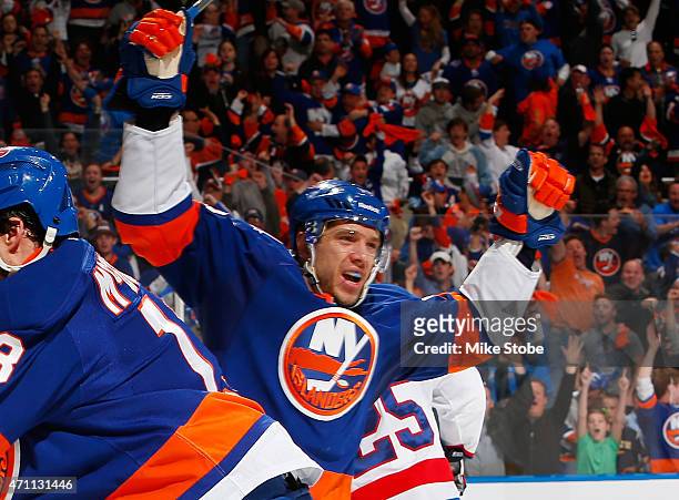 Nikolay Kulemin of the New York Islanders celebrates his third period goal against the Washington Capitals during Game Six of the Eastern Conference...