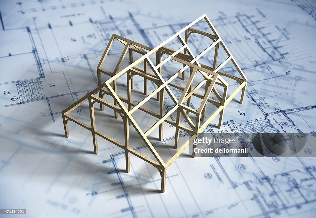 Modell Haus und Technische Zeichnung