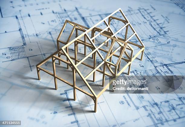 modelo de casa y blueprint - built structure fotografías e imágenes de stock