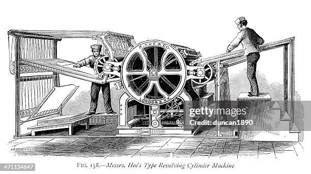 hoe's type revolving cylinder machine - old printer stock illustrations