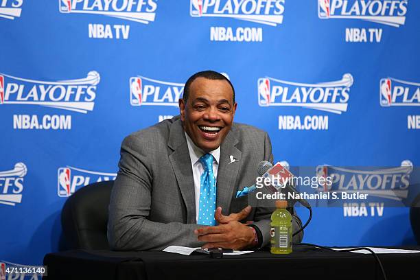 Lionel Hollins of the Brooklyn Nets speaks to the media after a game the Atlanta Hawks in Game Three of the Eastern Conference Quarterfinals during...