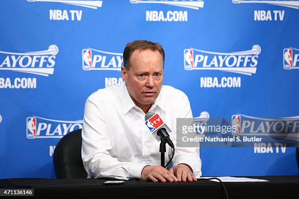 Mike Budenholzer of the Atlanta Hawks speaks to the media after a game the Brooklyn Nets in Game Three of the Eastern Conference Quarterfinals during...