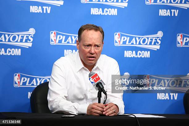 Mike Budenholzer of the Atlanta Hawks speaks to the media after a game the Brooklyn Nets in Game Three of the Eastern Conference Quarterfinals during...
